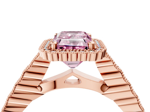 Rose gold Fancy Pink Radiant Cut Cut Halo Pavé Solitaire Ring with Milgrain Band_4