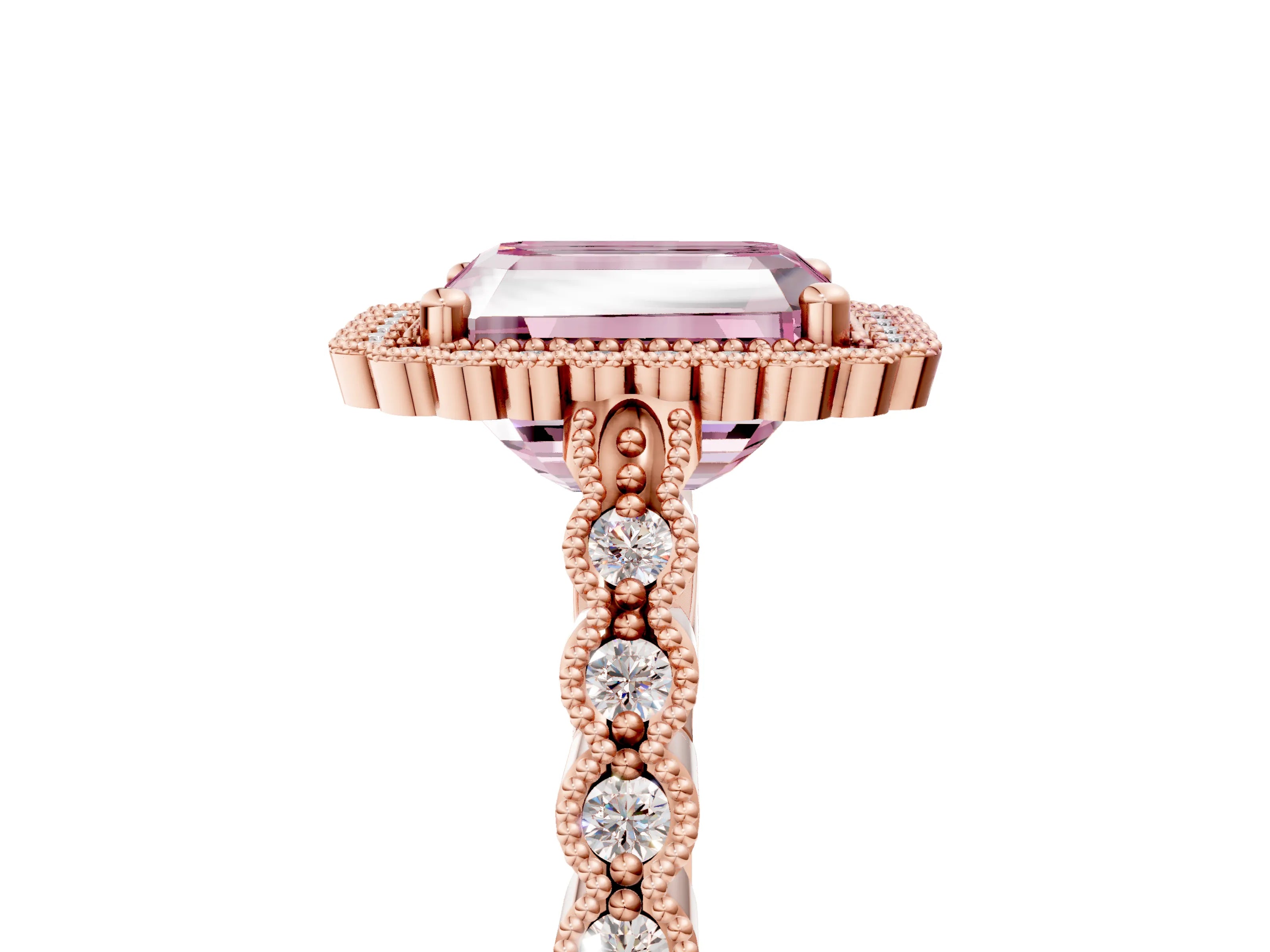 Rose gold Fancy Pink Radiant Cut Cut Halo Pavé Solitaire Ring with Milgrain Band_5
