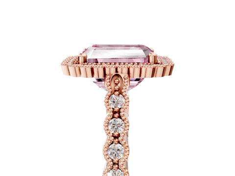 Rose gold Fancy Pink Radiant Cut Cut Halo Pavé Solitaire Ring with Milgrain Band_5