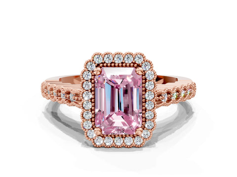 Rose gold Fancy Pink Radiant Cut Cut Halo Pavé Solitaire Ring with Milgrain Band