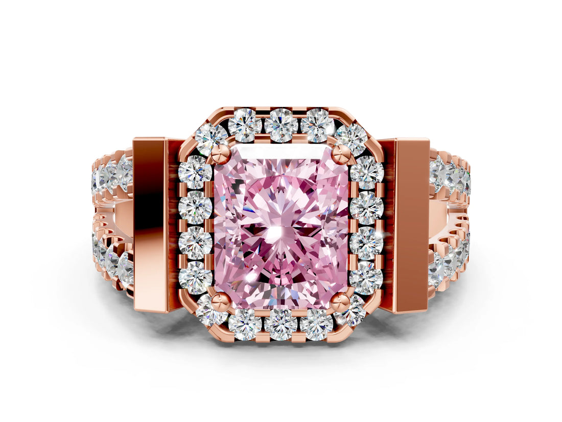 Rose gold Fancy Pink Radiant Cut Cut Halo Split Shank Prong Set Ring