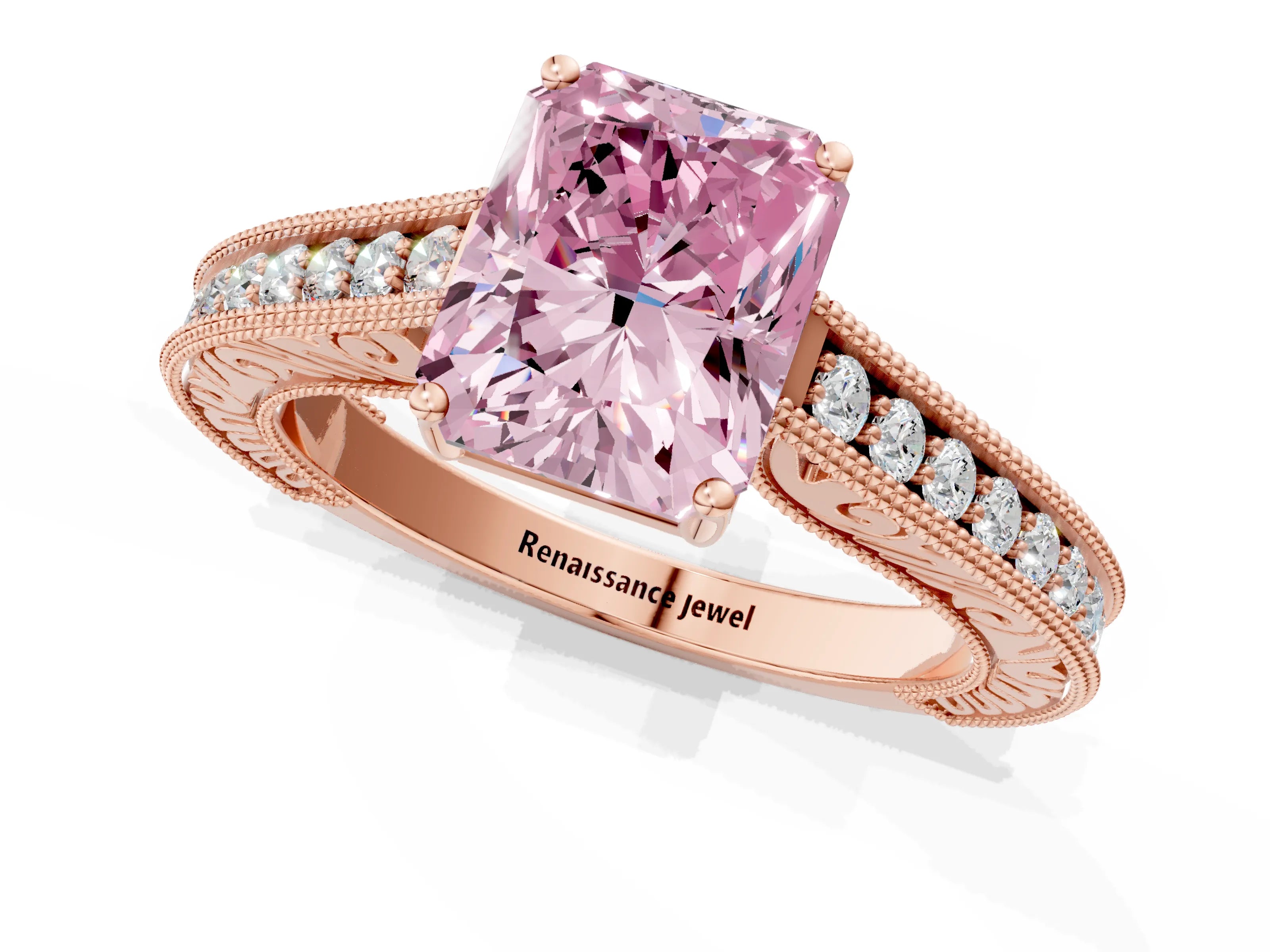 Rose gold Fancy Pink Radiant Cut Cut Pave Band Milgrain Solitaire Ring_11