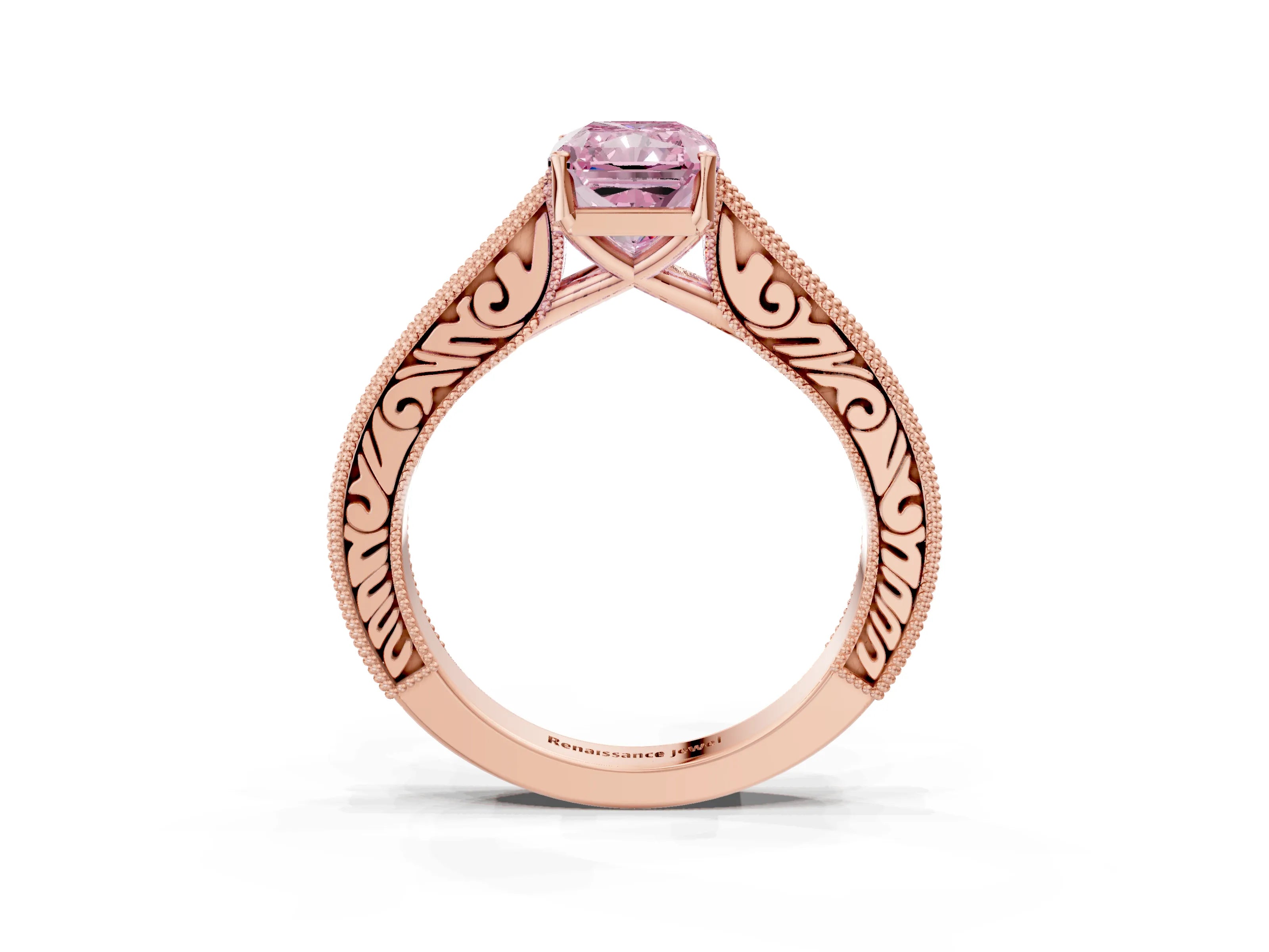 Rose gold Fancy Pink Radiant Cut Cut Pave Band Milgrain Solitaire Ring_13