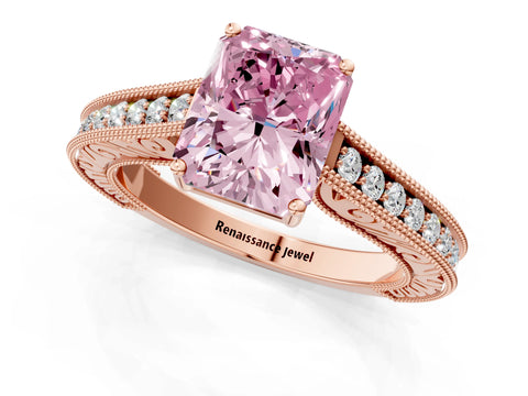 Rose gold Fancy Pink Radiant Cut Cut Pave Band Milgrain Solitaire Ring_23