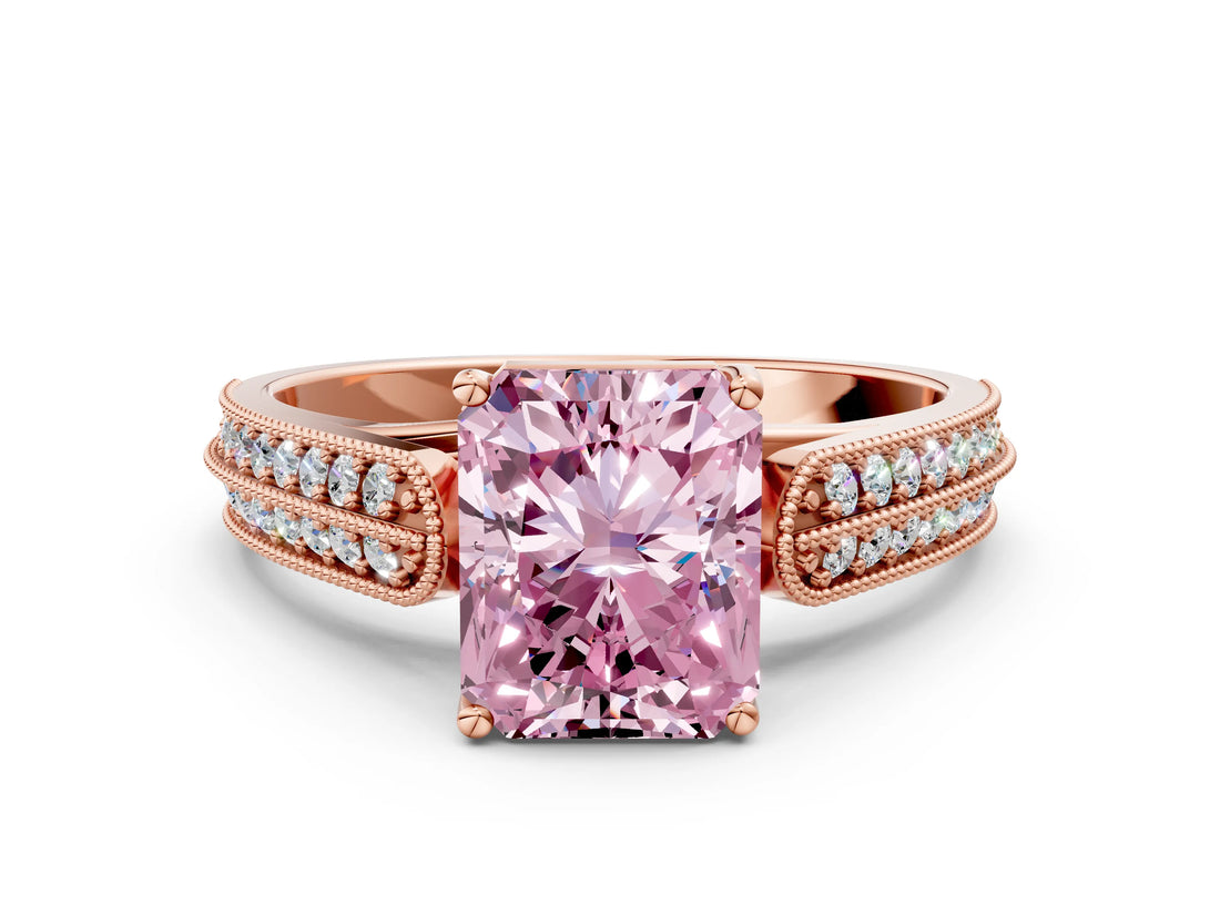 Rose gold Fancy Pink Radiant Cut Cut Pave Split Shank Engagement Ring with Four-Prong Setting