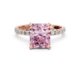 Rose gold Fancy Pink Radiant Cut Diamond Brilliant Solitaire Ring with Pavé Band and Four-Prong Setting