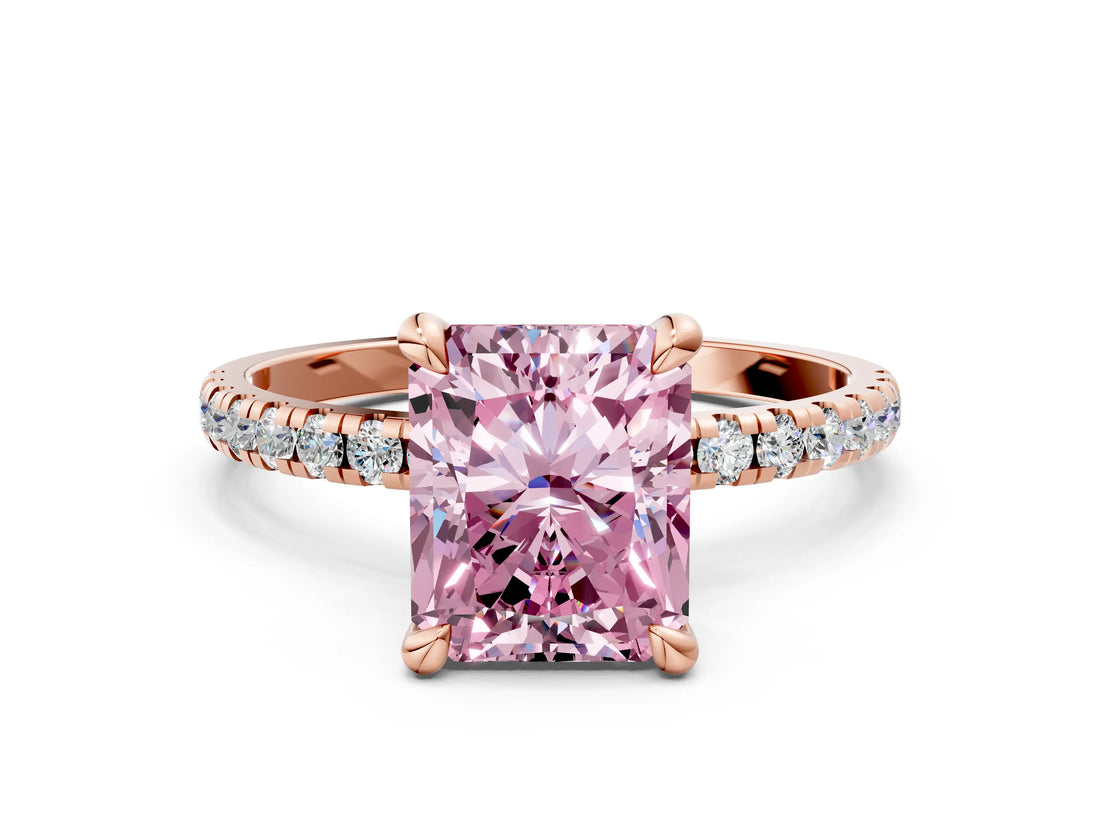 Rose gold Fancy Pink Radiant Cut Diamond Brilliant Solitaire Ring with Pavé Band and Four-Prong Setting_12