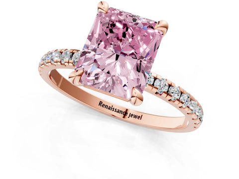 Rose gold Fancy Pink Radiant Cut Diamond Brilliant Solitaire Ring with Pavé Band and Four-Prong Setting_1