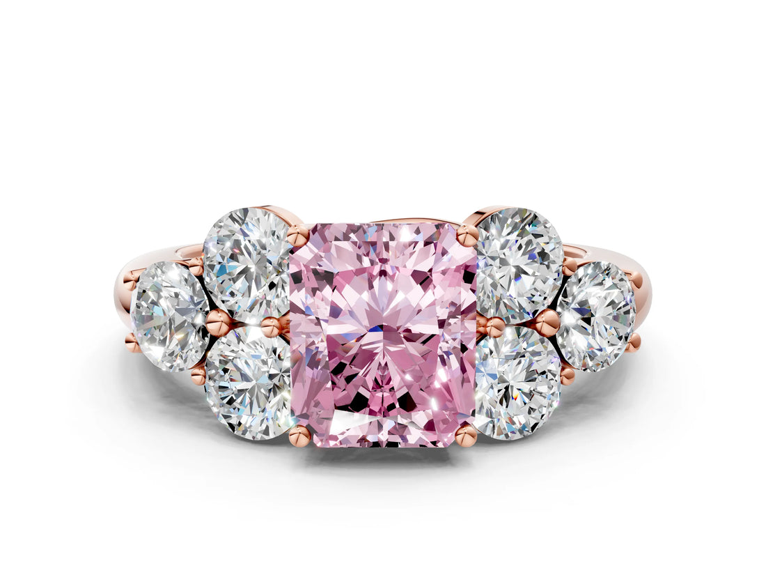 Rose gold Fancy Pink Radiant  Cut Diamond Cluster Ring with Round Accent Stones and Prong Setting on a Classic Band_48