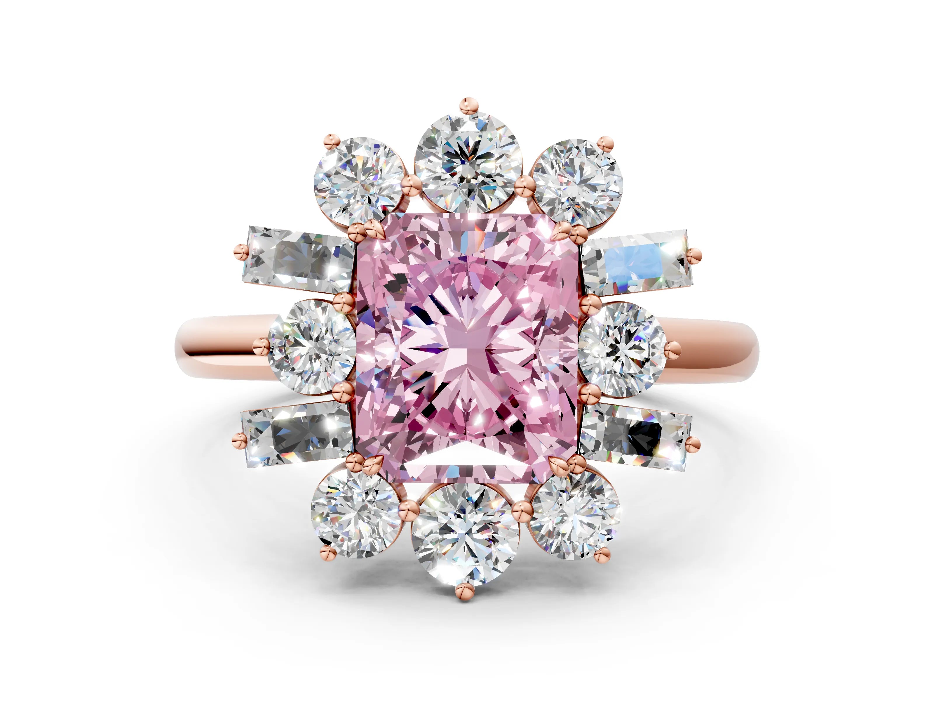Rose gold Fancy Pink Radiant Cut Diamond Cluster Ring with Round and Baguette Stones, Split Shank Band, Prong Setting