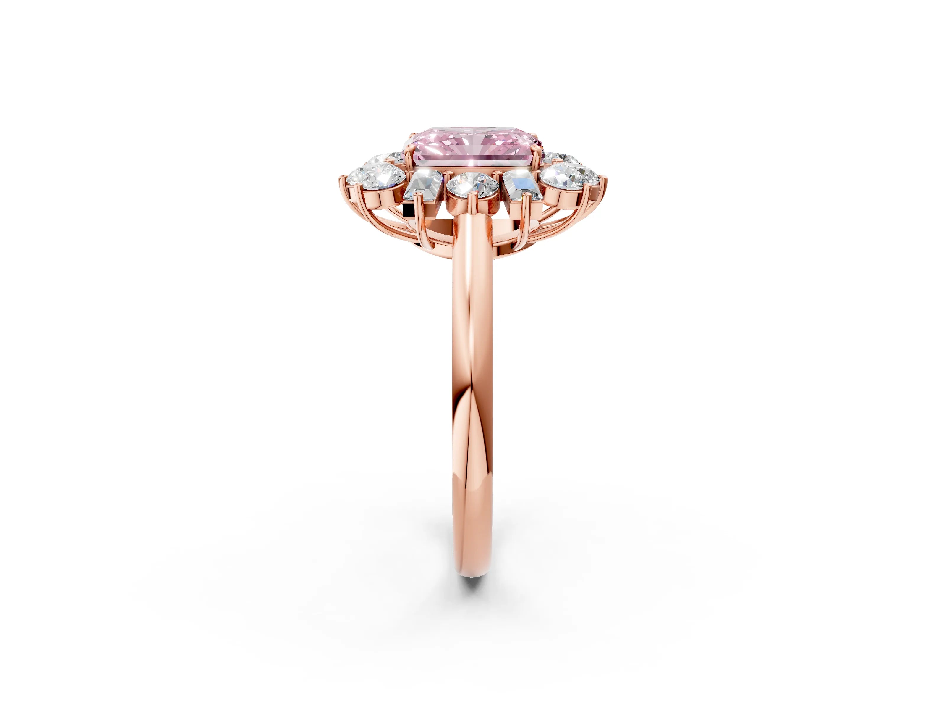 Rose gold Fancy Pink Radiant Cut Diamond Cluster Ring with Round and Baguette Stones, Split Shank Band, Prong Setting_2