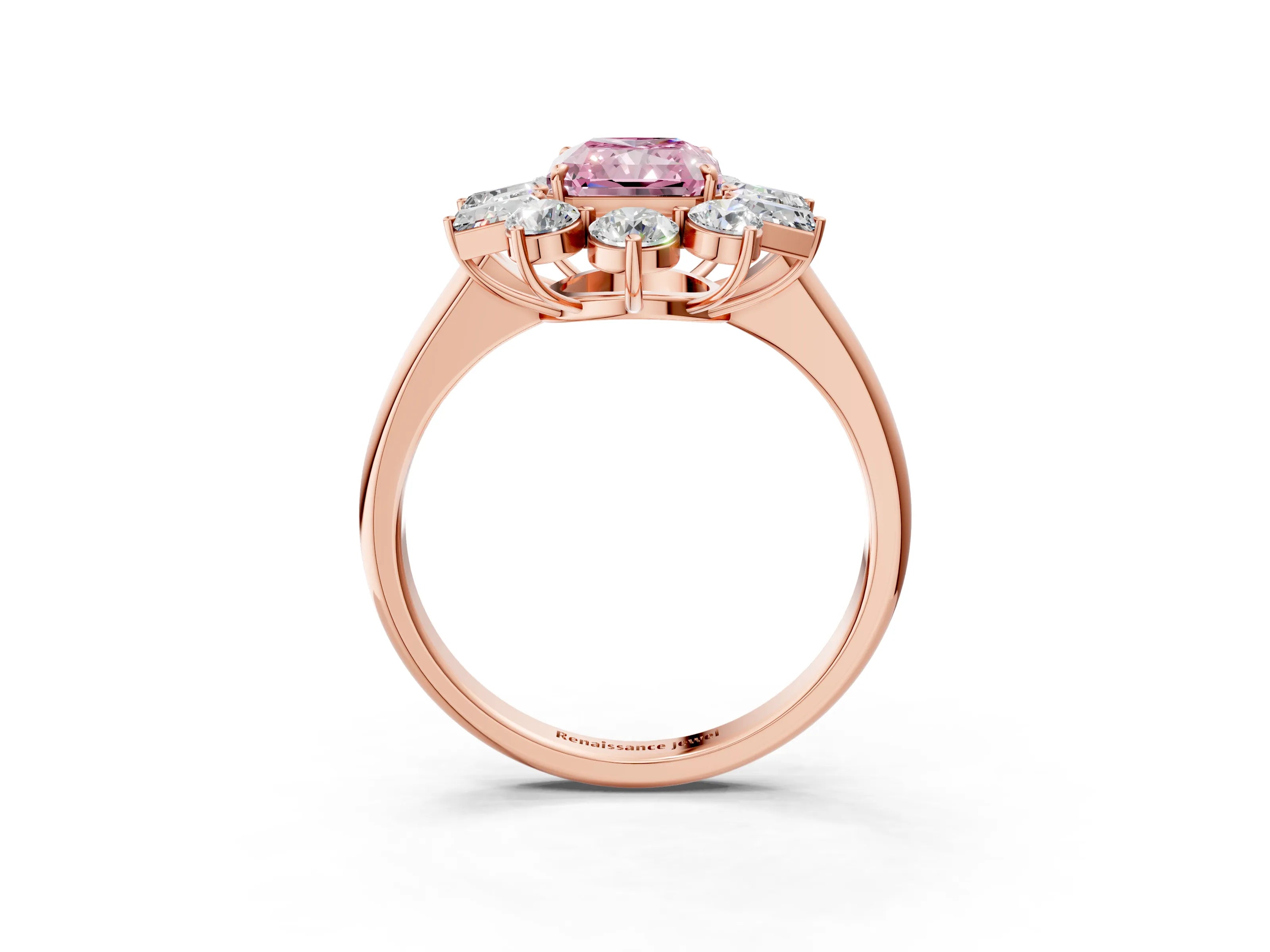 Rose gold Fancy Pink Radiant Cut Diamond Cluster Ring with Round and Baguette Stones, Split Shank Band, Prong Setting_3