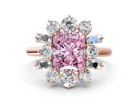 Rose gold Fancy Pink Radiant Cut Diamond Cluster Ring with Round and Baguette Stones, Split Shank Band, Prong Setting