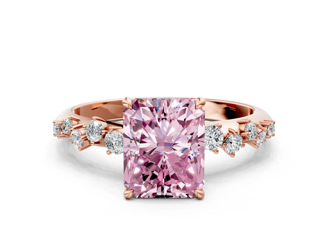 Rose gold Fancy Pink Radiant Cut Diamond Cluster Side Stone Solitaire Ring with Prong Setting_53