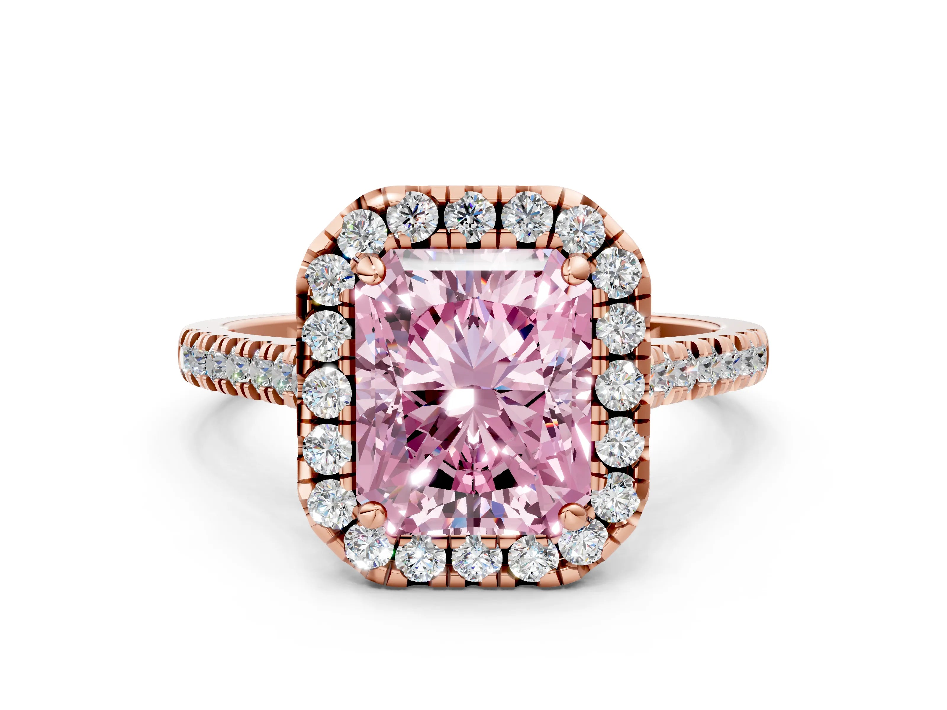 Rose gold Fancy Pink Radiant Cut Diamond Cushion Halo Ring with Pavé Band