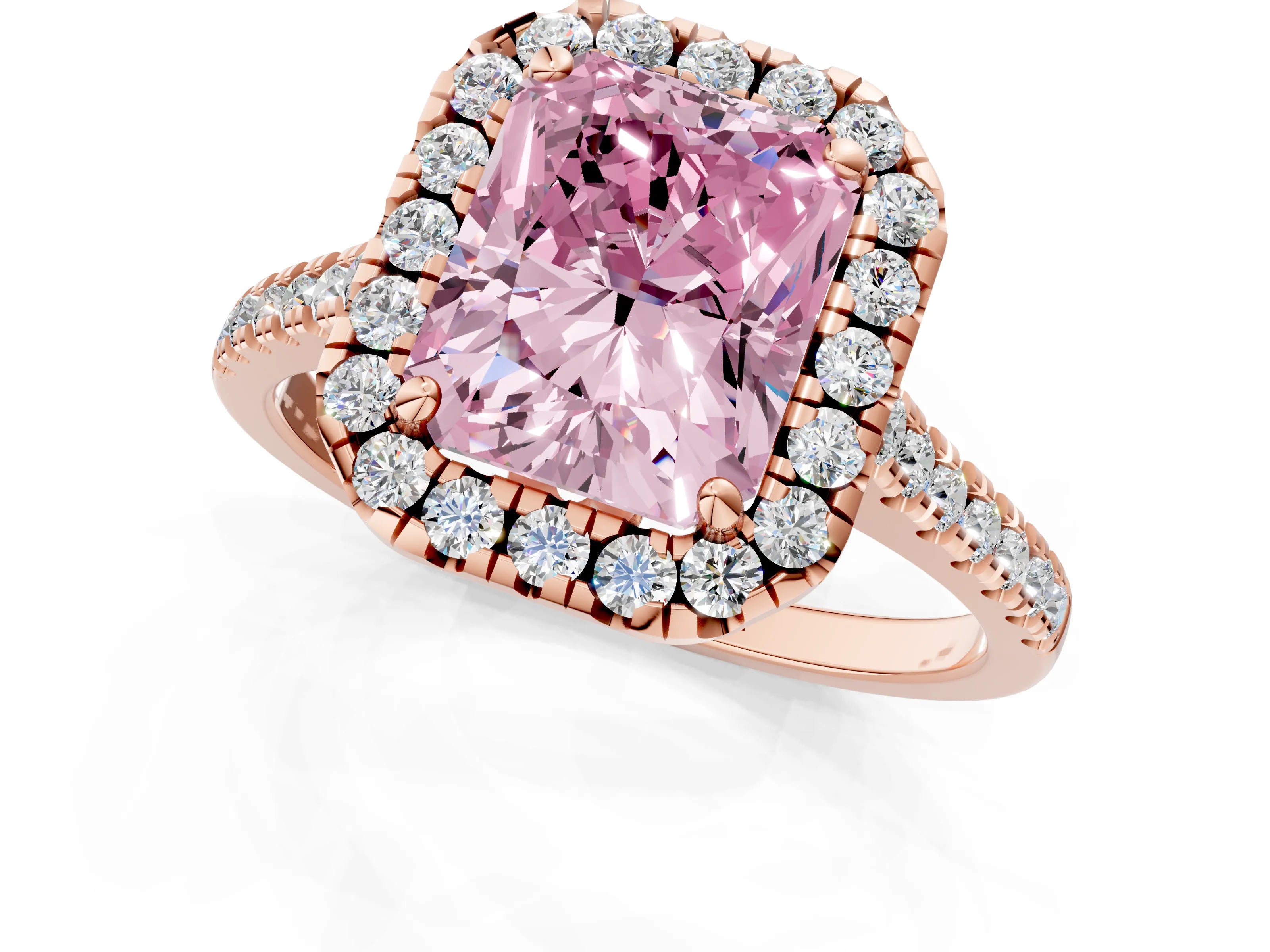 Rose gold Fancy Pink Radiant Cut Diamond Cushion Halo Ring with Pavé Band_1