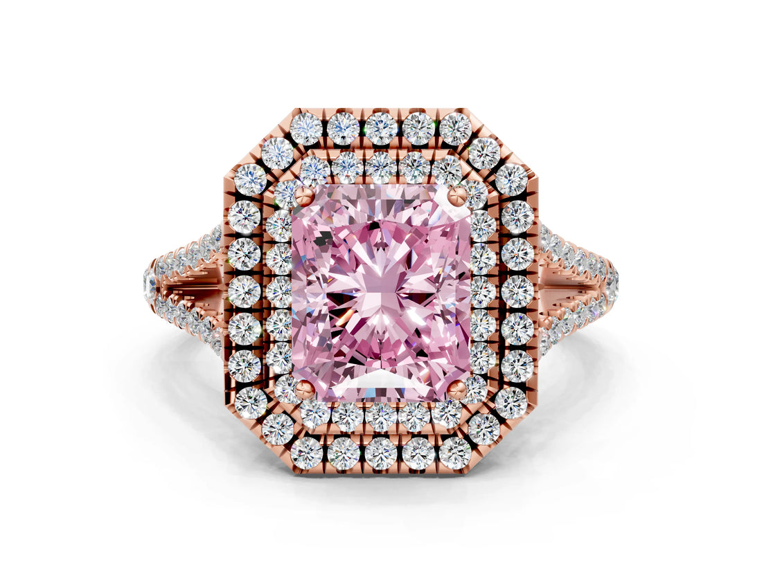 Rose gold Fancy Pink Radiant Cut Diamond Double Halo Ring with Pavé Band and Prong Setting_74