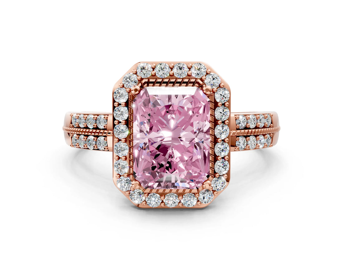 Rose gold Fancy Pink Radiant Cut Diamond Double Halo Ring with Split Shank and Four-Prong Setting_12