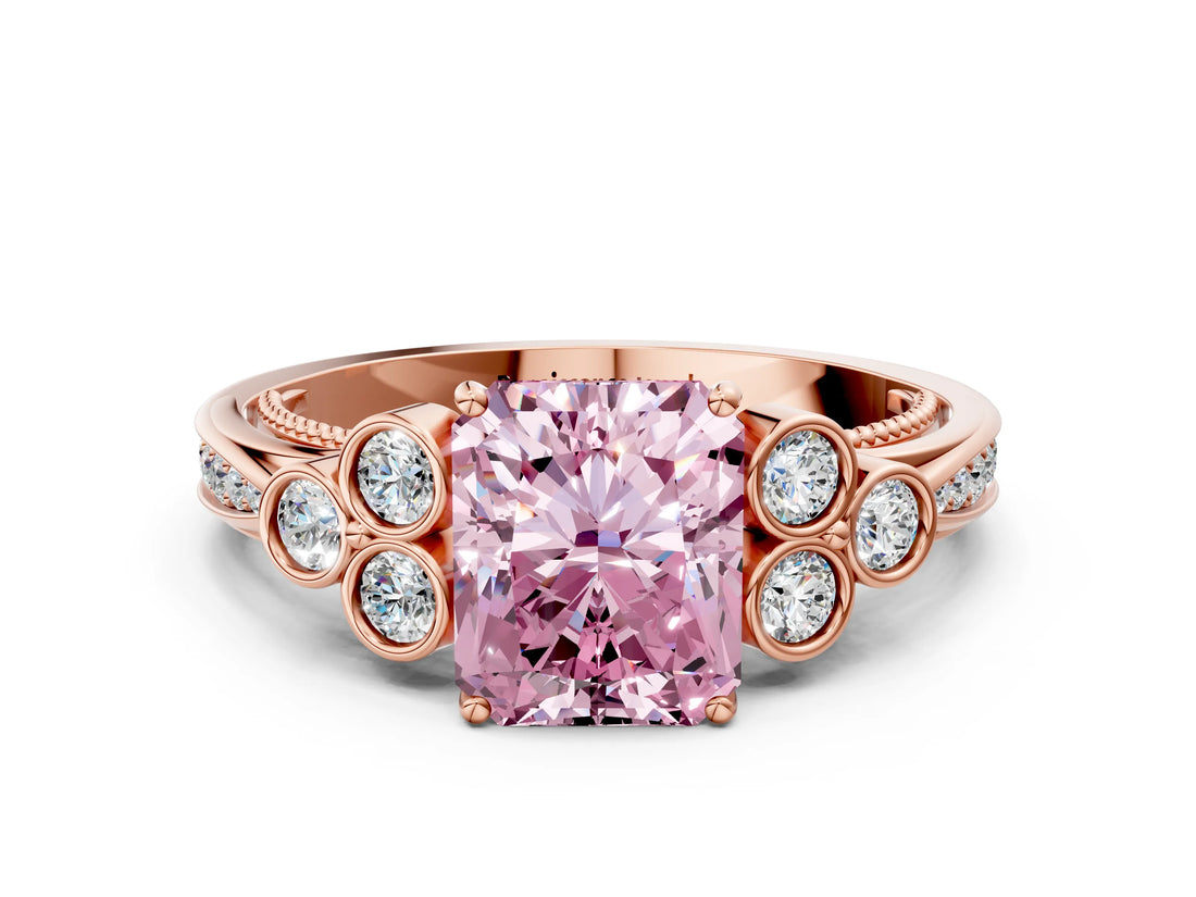 Rose gold Fancy Pink Radiant  Cut Diamond Engagement Ring with Bezel Set Round Side Stones and Prong Setting_49