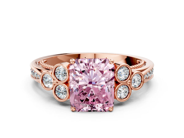 Rose gold Fancy Pink Radiant  Cut Diamond Engagement Ring with Bezel Set Round Side Stones and Prong Setting