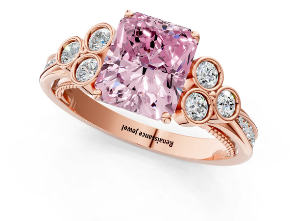 Rose gold Fancy Pink Radiant  Cut Diamond Engagement Ring with Bezel Set Round Side Stones and Prong Setting