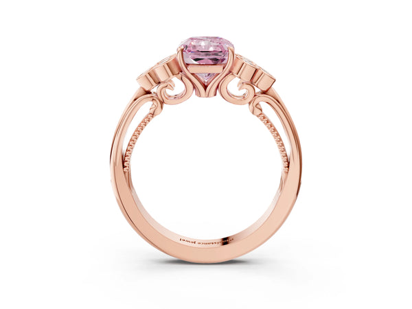 Rose gold Fancy Pink Radiant  Cut Diamond Engagement Ring with Bezel Set Round Side Stones and Prong Setting