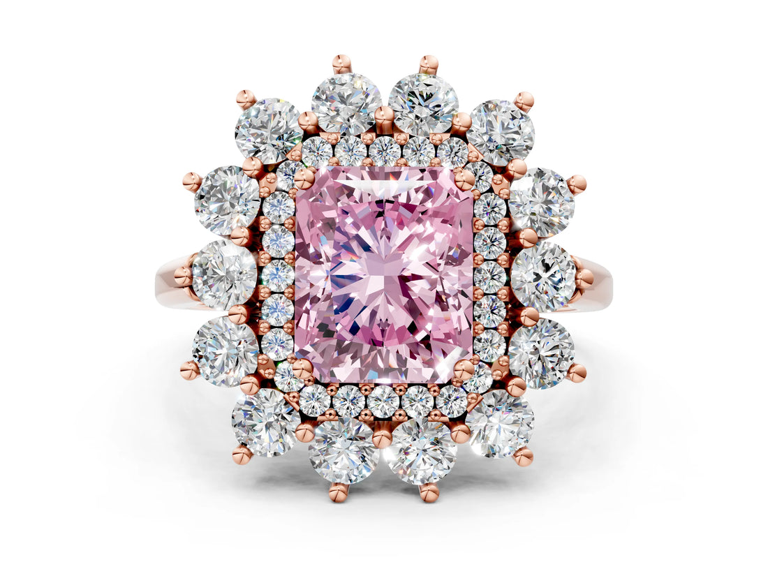 Rose gold Fancy Pink Radiant Cut Diamond Floral Double Halo Engagement Ring with Prong Setting_24