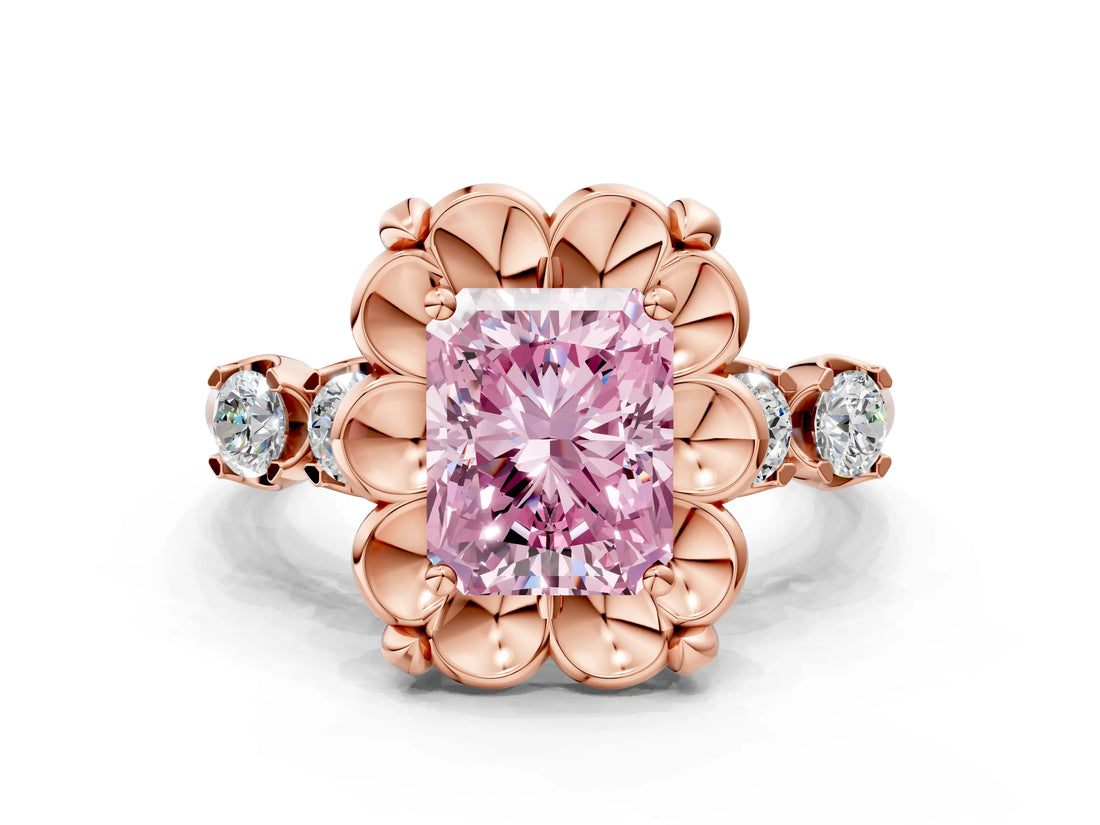 Rose gold Fancy Pink Radiant  Cut Diamond Floral Halo Engagement Ring with Shared Prong Setting 1