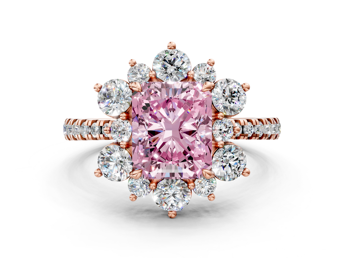 Rose gold Fancy Pink Radiant  Cut Diamond Floral Halo Pave Band with Prong Setting_37