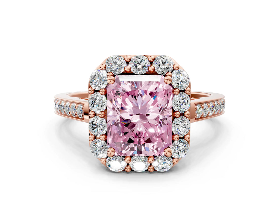 Rose gold Fancy Pink Radiant Cut Diamond Floral Halo Ring with Pavé Band and Prong Setting_3