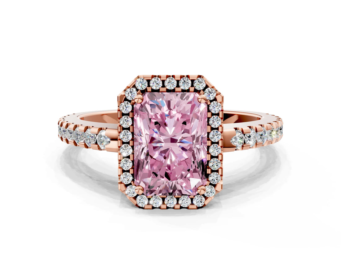 Rose gold Fancy Pink Radiant Cut Diamond Halo Engagement Ring with Pavé Band and Prong Setting_27