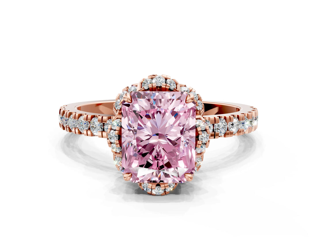 Rose gold Fancy Pink Radiant Cut Diamond Halo Pave Band with Four-Prong Setting_3