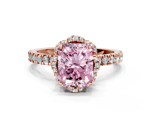 Rose gold Fancy Pink Radiant Cut Diamond Halo Pave Band with Four-Prong Setting