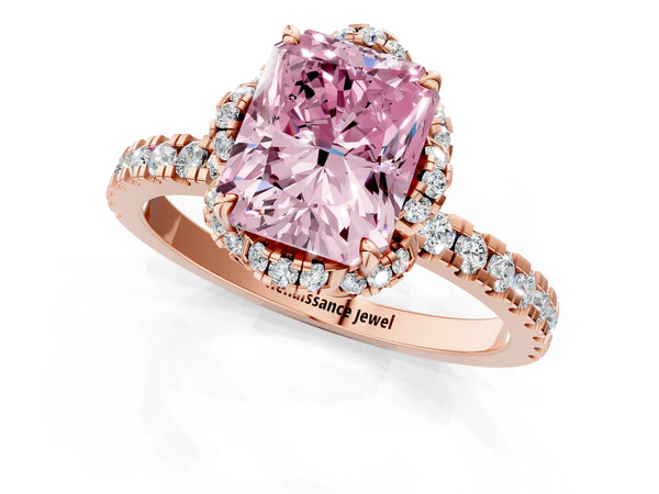 Rose gold Fancy Pink Radiant Cut Diamond Halo Pave Band with Four-Prong Setting