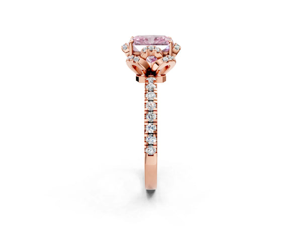 Rose gold Fancy Pink Radiant Cut Diamond Halo Pave Band with Four-Prong Setting