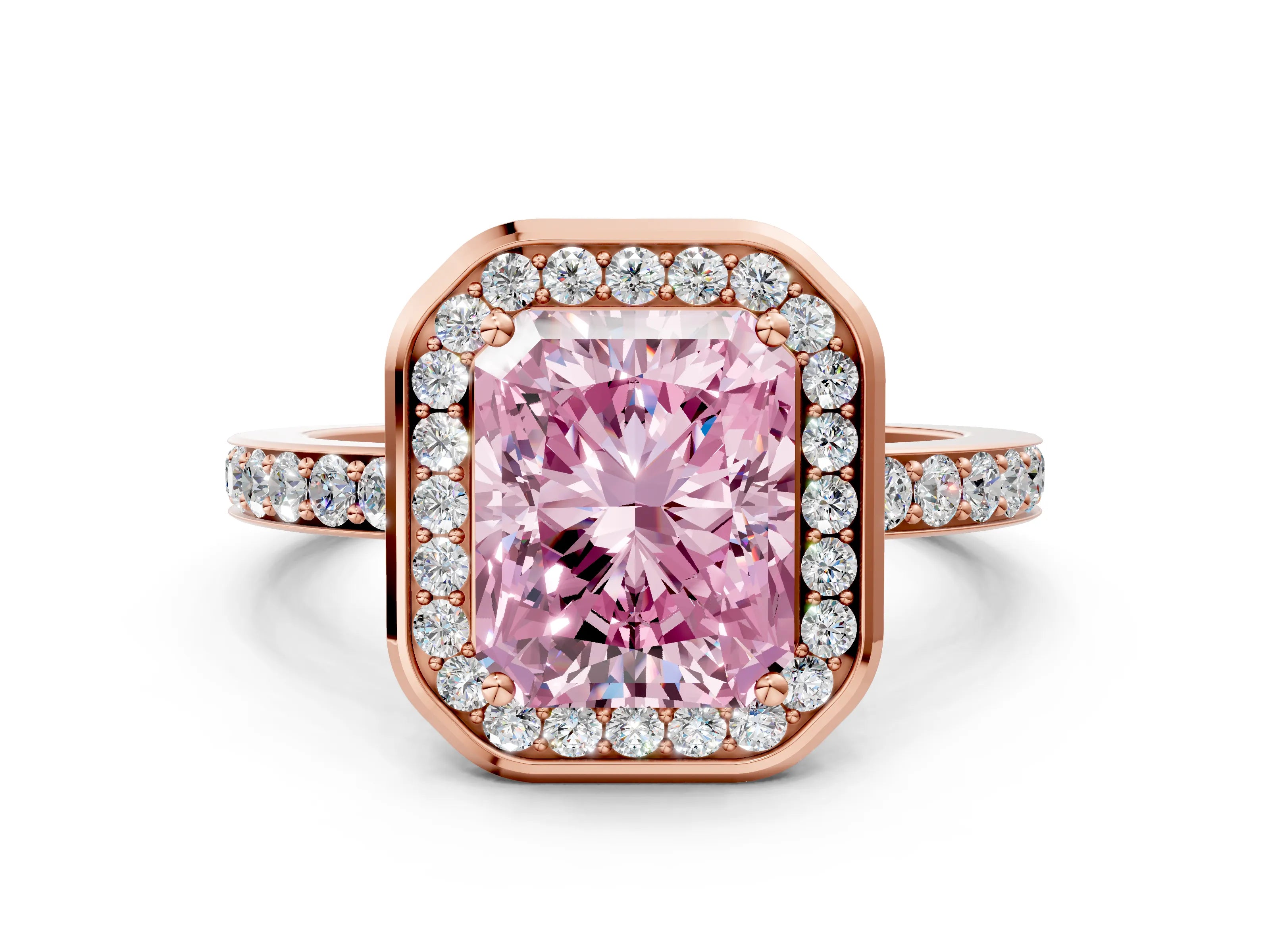 Rose gold Fancy Pink Radiant Cut Diamond Halo Ring with Bezel Frame and Pavé Band