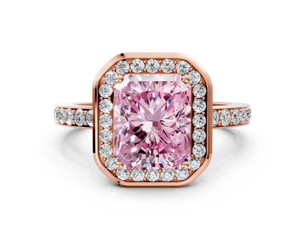 Rose gold Fancy Pink Radiant Cut Diamond Halo Ring with Bezel Frame and Pavé Band