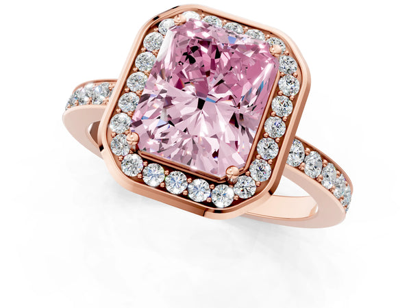 Rose gold Fancy Pink Radiant Cut Diamond Halo Ring with Bezel Frame and Pavé Band