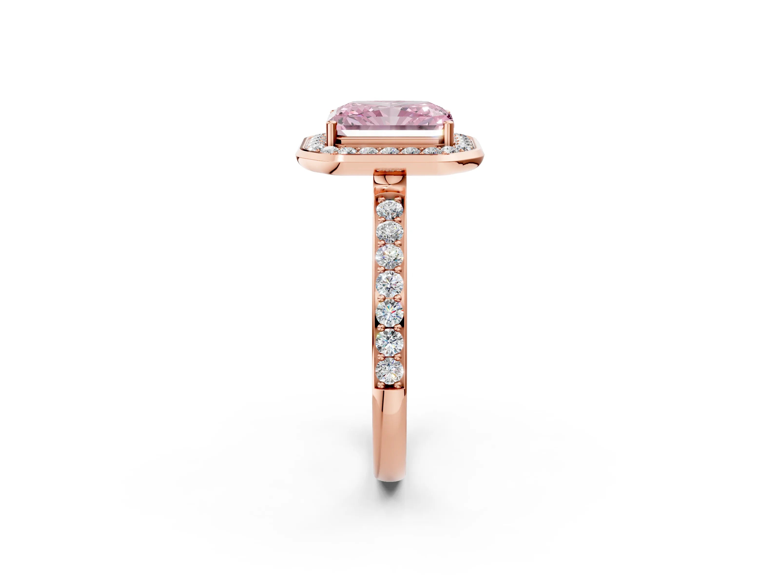 Rose gold Fancy Pink Radiant Cut Diamond Halo Ring with Bezel Frame and Pavé Band_2