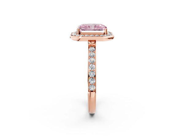 Rose gold Fancy Pink Radiant Cut Diamond Halo Ring with Bezel Frame and Pavé Band