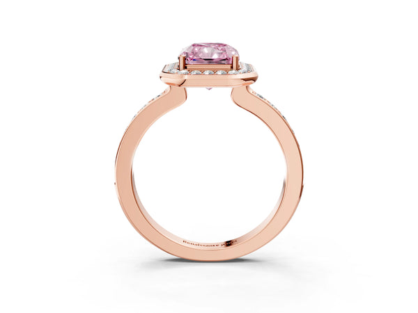 Rose gold Fancy Pink Radiant Cut Diamond Halo Ring with Bezel Frame and Pavé Band