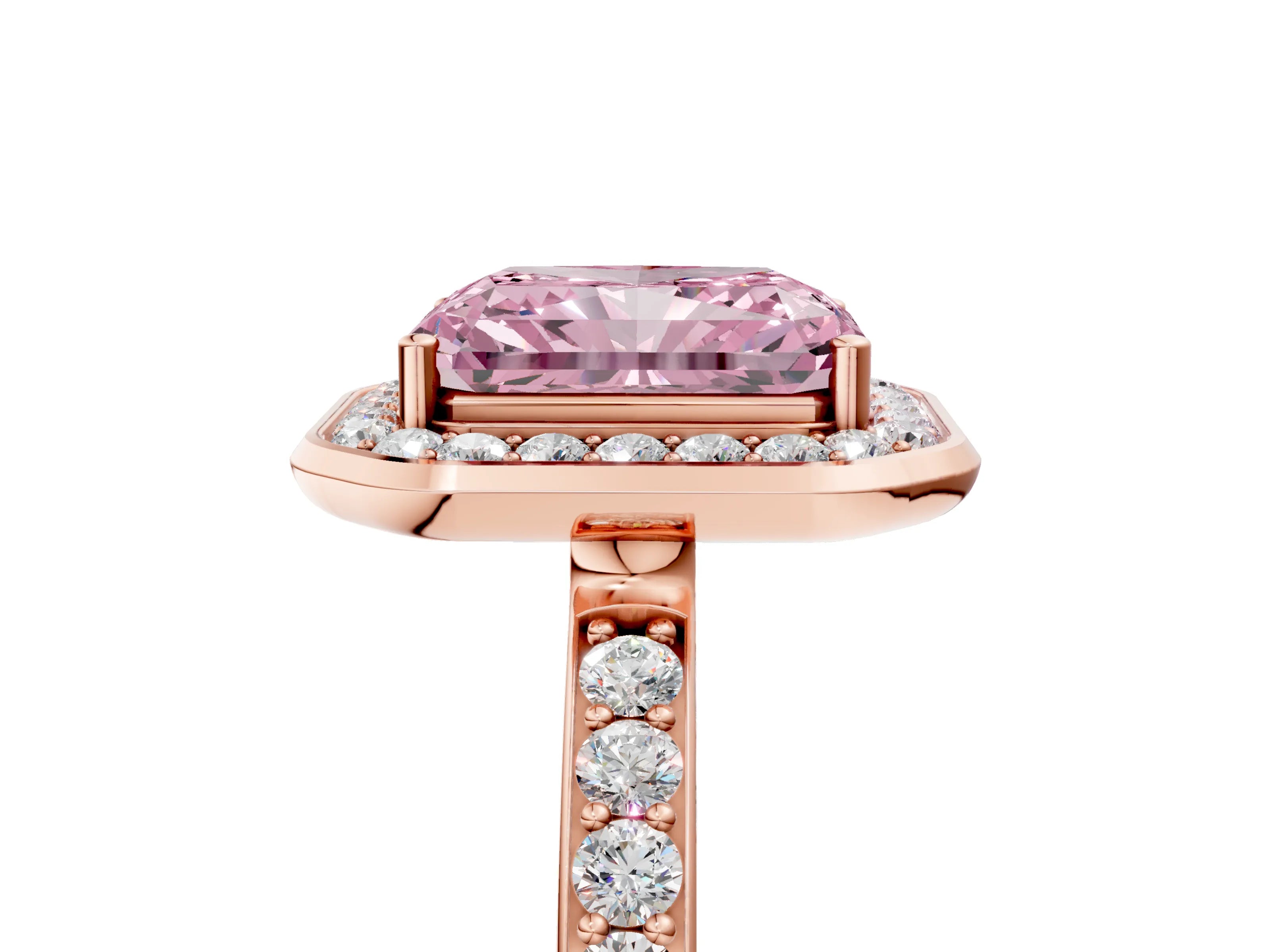 Rose gold Fancy Pink Radiant Cut Diamond Halo Ring with Bezel Frame and Pavé Band_5