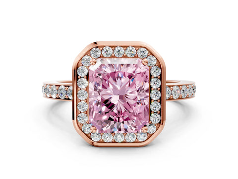Rose gold Fancy Pink Radiant Cut Diamond Halo Ring with Bezel Frame and Pavé Band