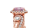 Rose gold Fancy Pink Radiant Cut Diamond Halo Ring with Milgrain Pavé Band and Four-Prong Setting_59