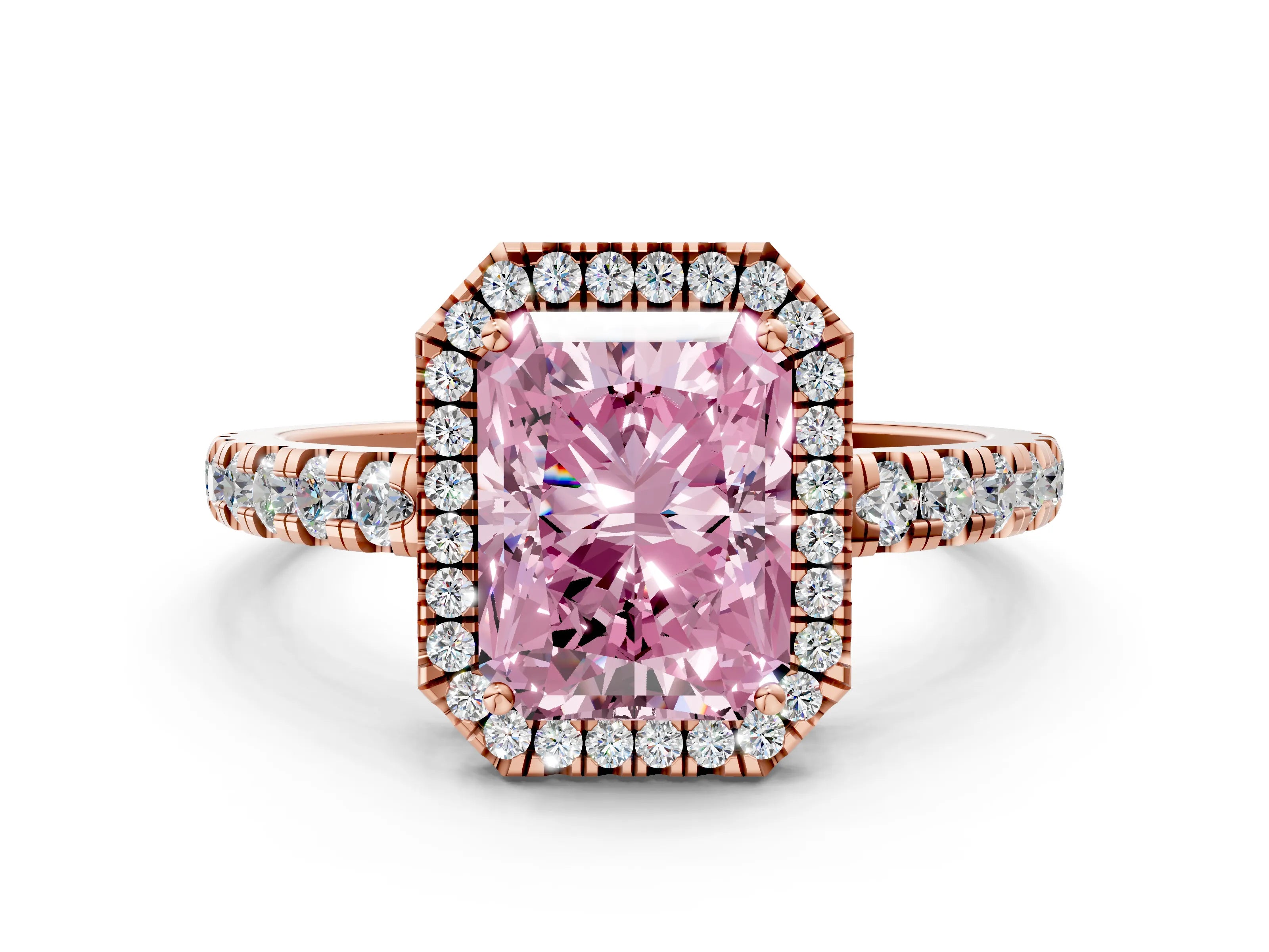 Rose gold Fancy Pink Radiant Cut Diamond Halo Ring with Pavé Band and Four-Prong Setting