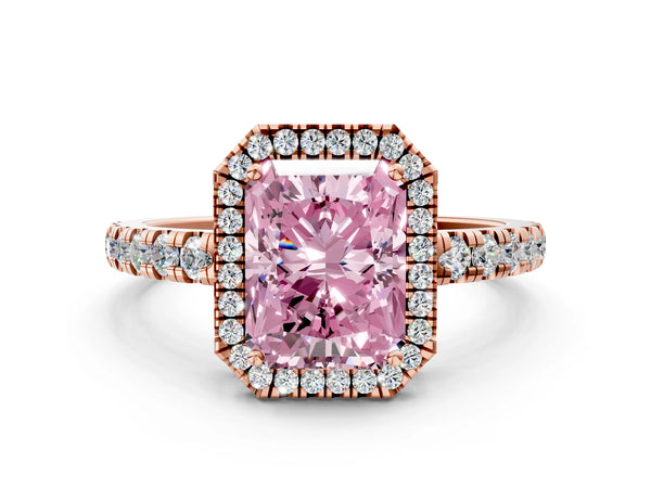 Rose gold Fancy Pink Radiant Cut Diamond Halo Ring with Pavé Band and Four-Prong Setting