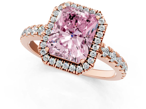 Rose gold Fancy Pink Radiant Cut Diamond Halo Ring with Pavé Band and Four-Prong Setting