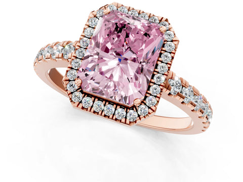 Rose gold Fancy Pink Radiant Cut Diamond Halo Ring with Pavé Band and Four-Prong Setting_1