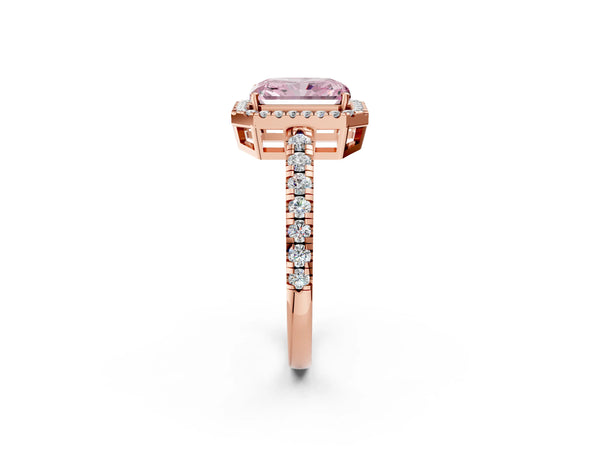 Rose gold Fancy Pink Radiant Cut Diamond Halo Ring with Pavé Band and Four-Prong Setting