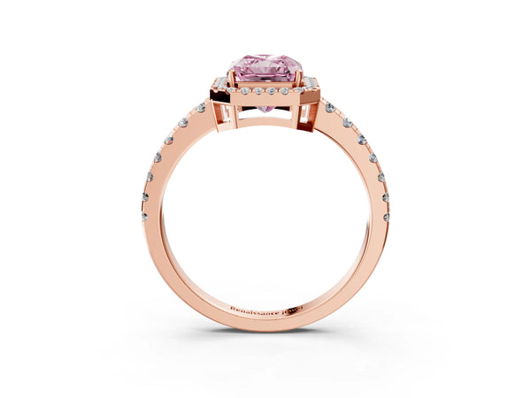 Rose gold Fancy Pink Radiant Cut Diamond Halo Ring with Pavé Band and Four-Prong Setting